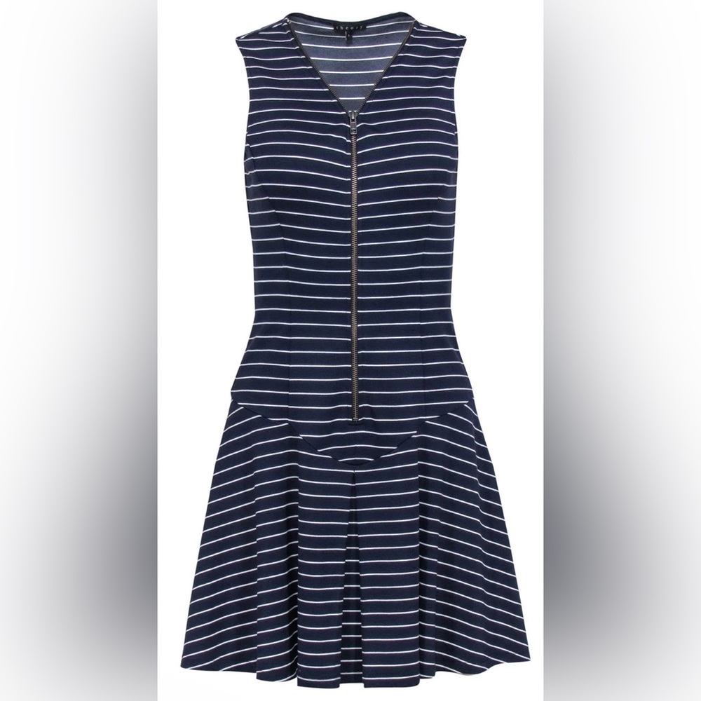Theory Sleeveless Navy/White Stripe Drop Waist Dress Front Exposed Zip ZB6
